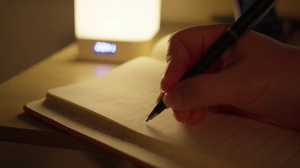 A hand writing a list in a notebook by a warm lamp at night